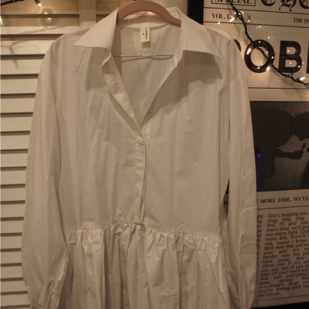 Commense Pleated Long Sleeve Button Up Collar Mini Dress